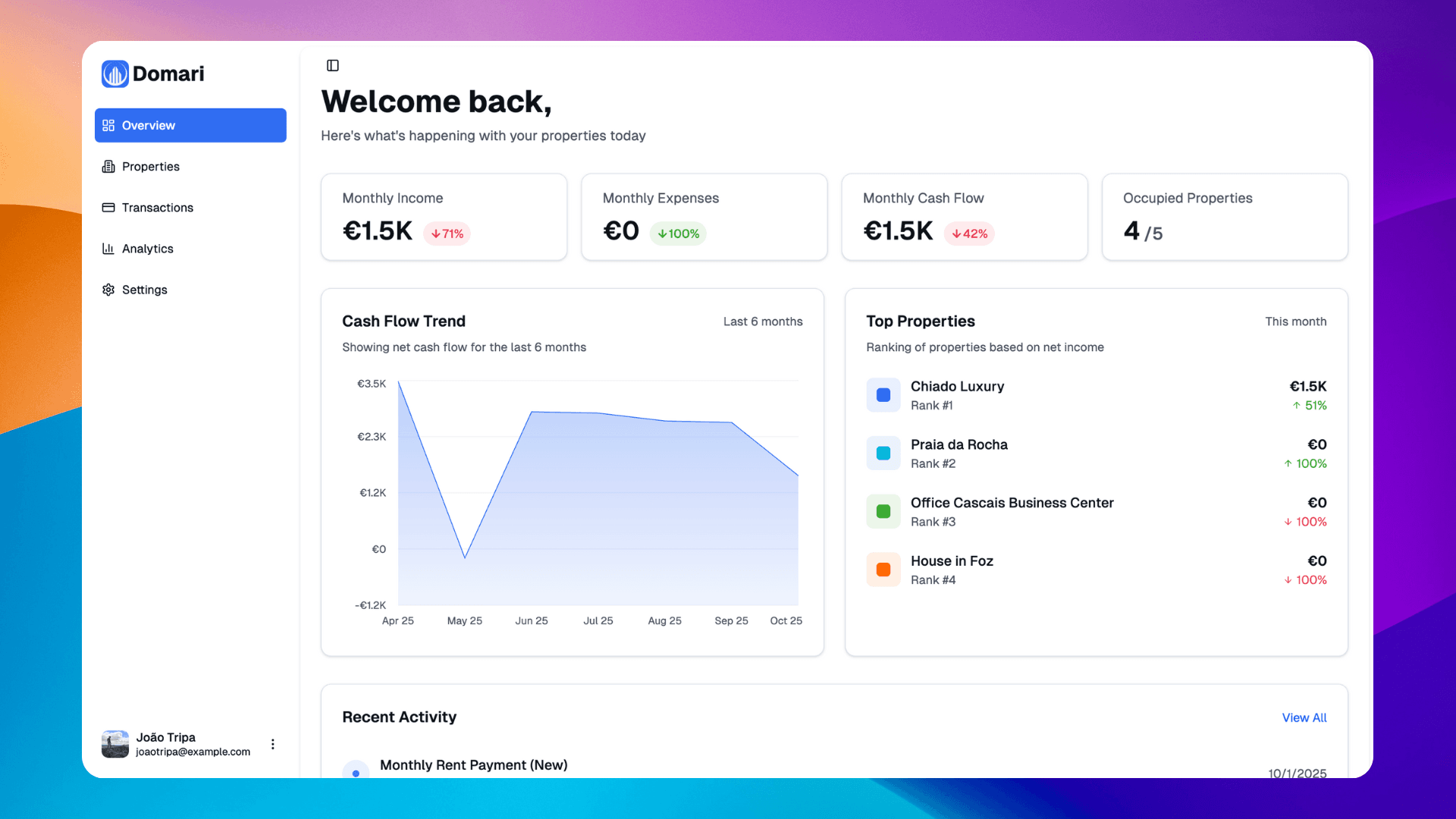 Domari dashboard overview showing portfolio insights